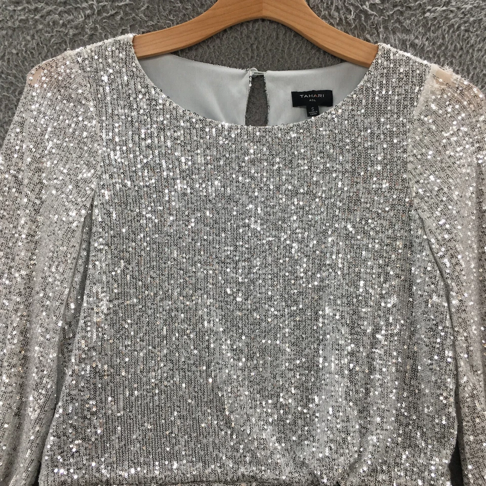 Tahari 气球袖衬衫上衣女式 S 银色亮片领带前后拉链派对 — 第 2/4 张图片