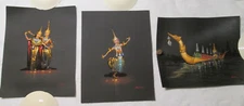 Vintage Gouache Original Painting Thai Dancers And Dragon Boat Signed Set Of 3