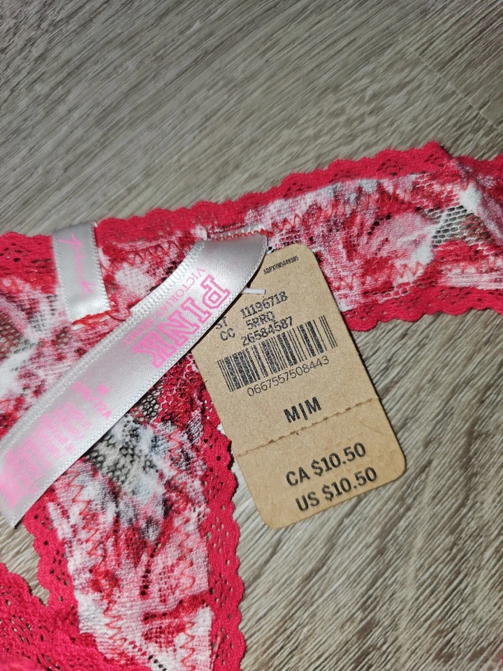 PINK By Victoria Secret Red Plaid Lace Thong Size Medium Double Side Strap - Image 3 of 4