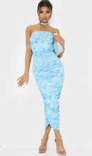 Pretty Little Thing Blue Tie Dye Ruched Midi Dress US 6