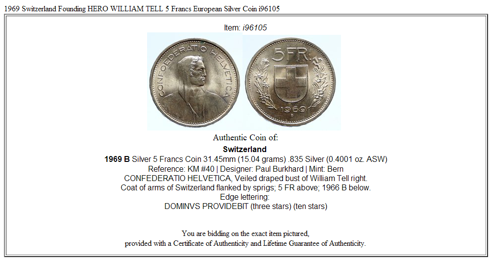1969 Switzerland Founding HERO WILLIAM TELL 5 Francs European