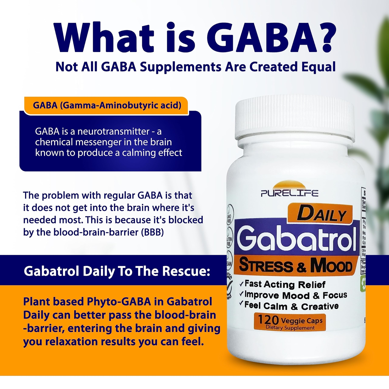PureLife Supplements Gabatrol Daily Plant Based Stress Relief (120