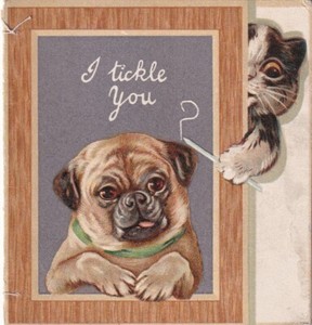 Louis Wain, cat teasing pug dog, Tuck greeting card, circa 1915