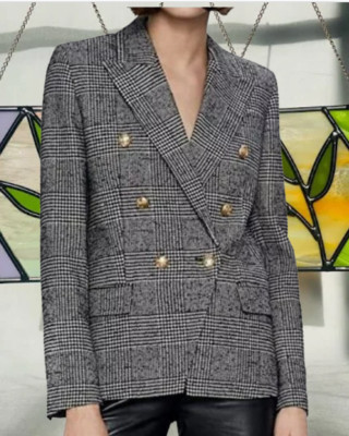 ZARA BLAZER CHECKED DOUBLE BREASTED GOLD BUTTONS PLAID JACKET  sz XL