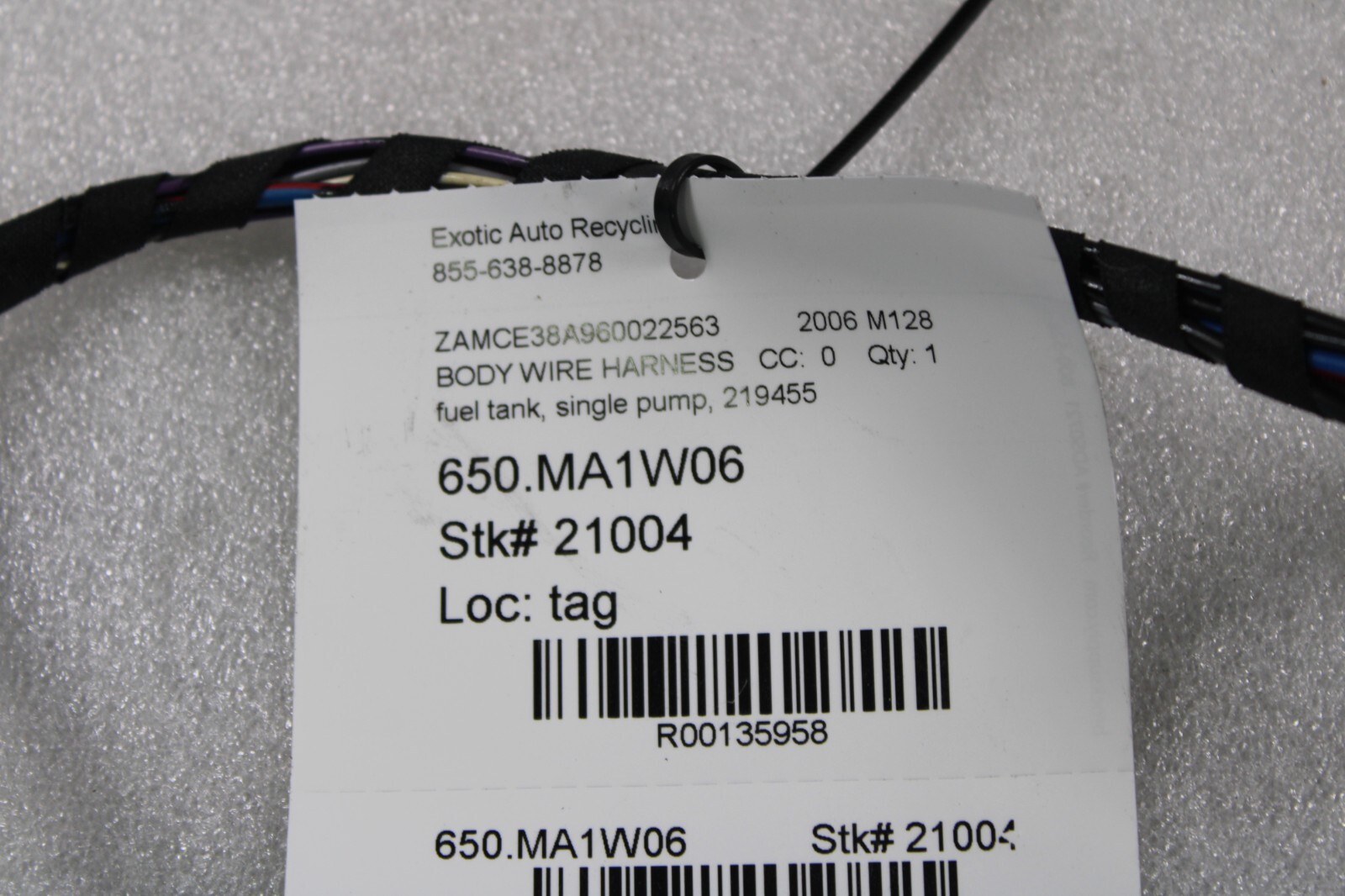 Maserati M128 Coupe, Fuel Tank Wire Harness, Used, P/N 219455