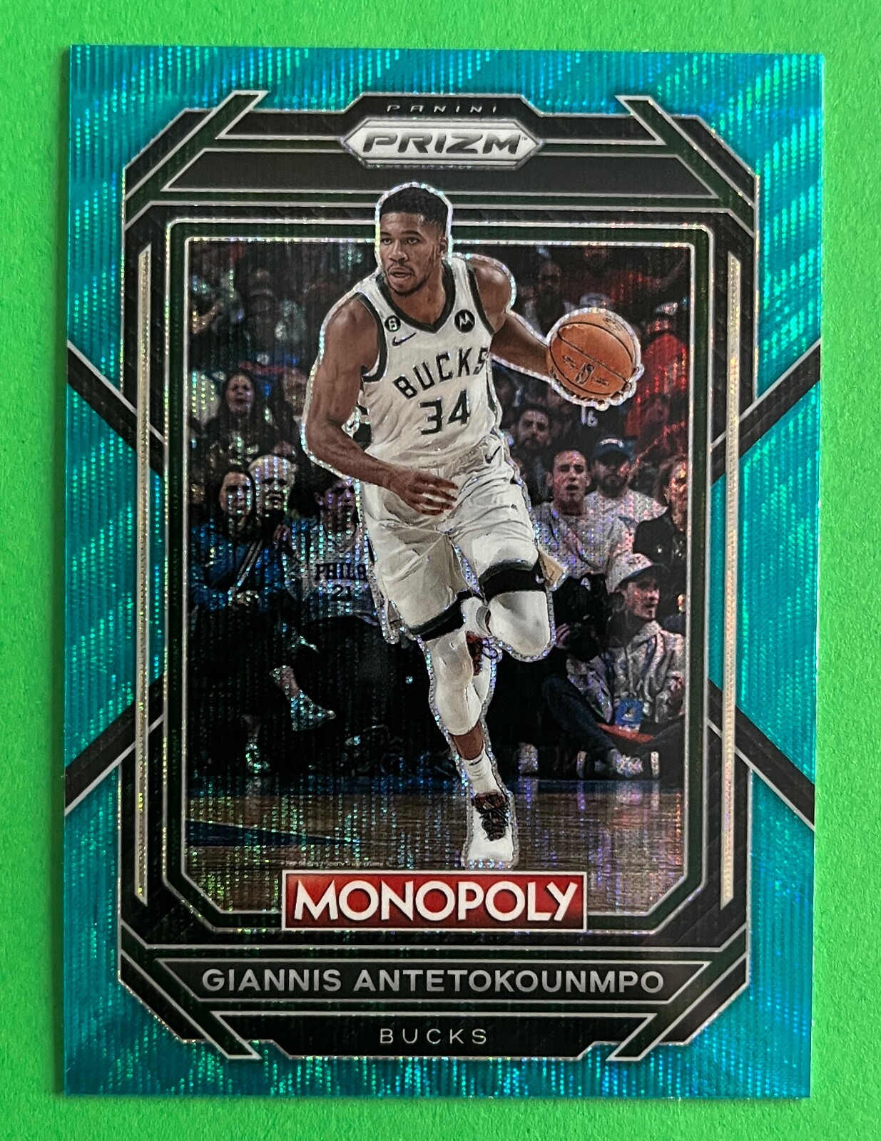 Giannis Antetokounmpo 2022-23 Panini Prizm NBA Monopoly TEAL WAVE PARALLEL #49