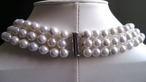Beauty 3 Rows 8mm White Shell Pearl Round Necklace Earrings 17-19" AAA - Picture 2 of 4
