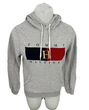 Tommy Hilfiger Mens Sweater Small Gray Hoodie Sweatshirt Pullover Logo F45