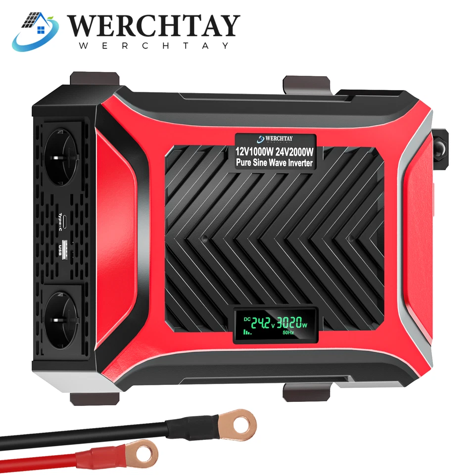 WERCHTAY 2000W 4000W Reiner Sinus Spannungswandler 24V auf 230V Wechselrichter USB+2AC