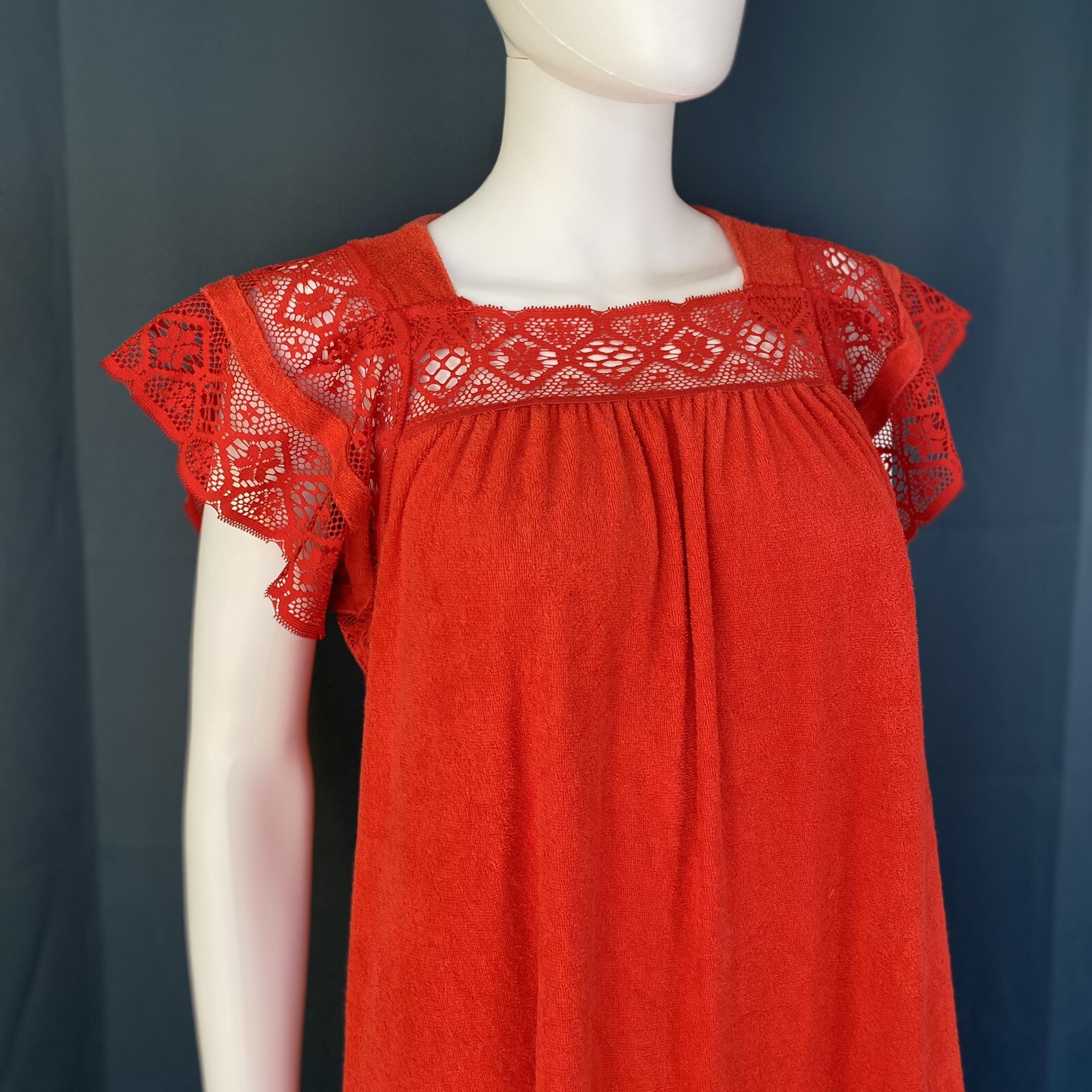 Vintage 70s Terry Cloth Lace Nightgown Gem