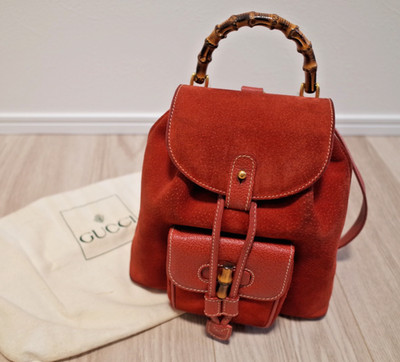 GUCCI Vintage Bamboo Mini Backpack Red Suede Leather Authentic
