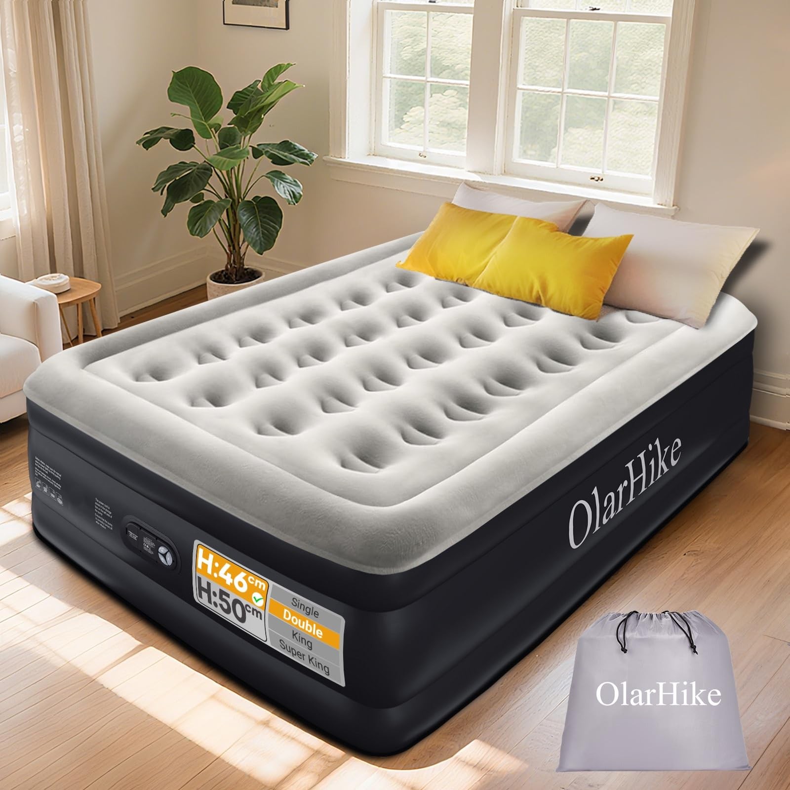Olarhike 46Cm(Standard Height)Black Inflatable Mattress, Double Air Bed, 135 X 190 X 46Cm, 300Kg Max | Blow Up Bed, Advanced Coil-Beam Support, 3 Mins Inflation, 10% Thicker Pvc, Waterproof, Family Choice Award Winner, Carry Bag - Image 2