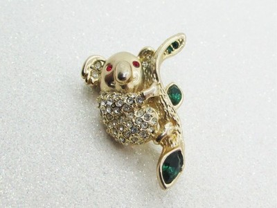 Vintage Koala Bear Eucalyptus Tree Brooch- Rhinestones & Gold Plated Figural Pin