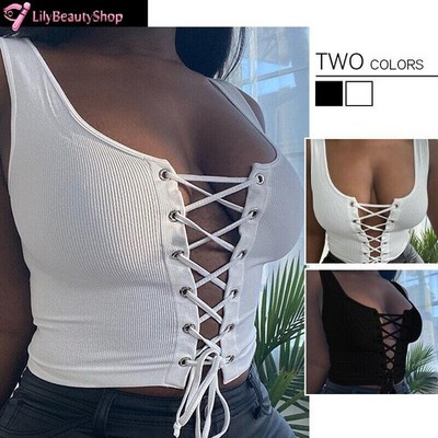 Women Sexy Bandage Tank Crop Top Hollow Lace Up Low Cut U-Neck Camisole Vest