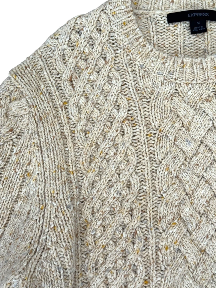 Express Mens Sweater Wool Tweed Cable Fisherman Oatmeal Beige Crew Winter Sz M - Image 4 of 4