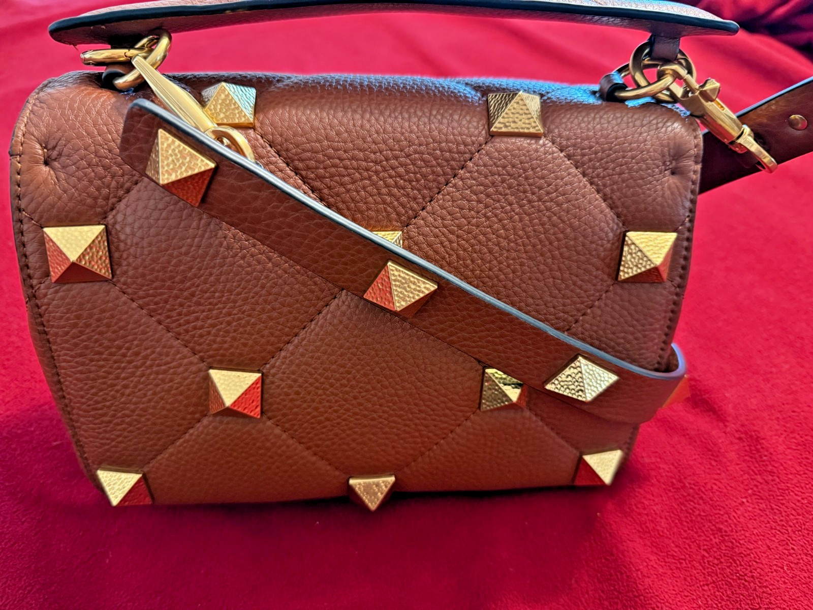 New Valentino Garavani Rockstud Spike Flap Bag Brown Leather Medium Purse image 4