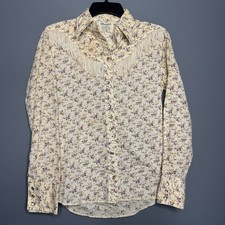 VTG Womens Ivory Rope Floral Pearl Snap Long Sleeve Yoke Western Small Top