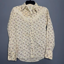 VTG Womens Ivory Rope Floral Pearl Snap Long Sleeve Yoke Western Small Top