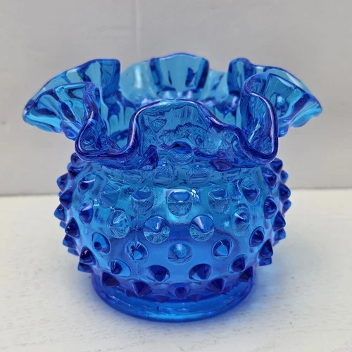 Vintage Fenton? Blue Ruffled Hobnail Art Glass Small Vase 3"