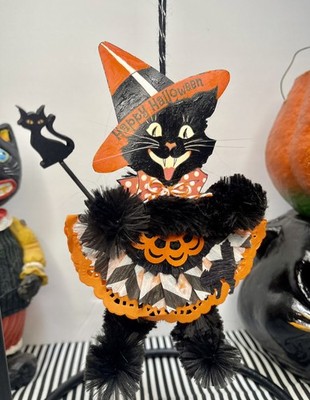 Vtg Halloween black cat Ornament Vintage Style chenille wire 