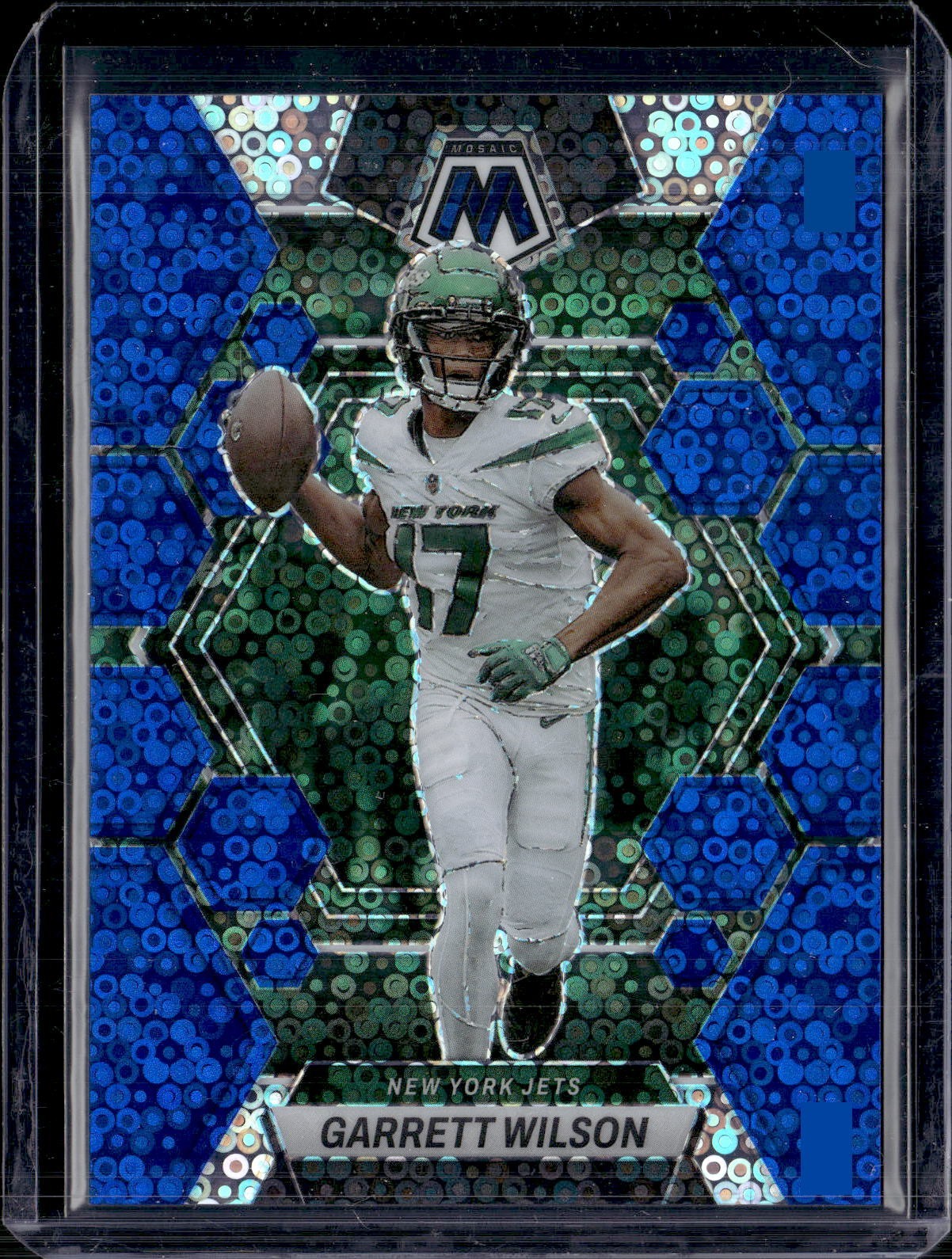 2023 Panini Mosaic #75 Garrett Wilson No Huddle Blue Disco /75 Jets (57E)