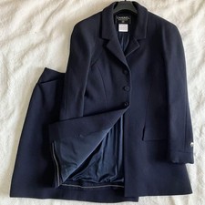 CHANEL 97A Vintage Lana CC Bottoni Catena Orlo Giacca Gonna Tuta 38 Navy Francia