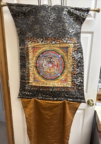 Buddhist Mandala Thangka Textile Scroll Wall Hanging w/ Brocade