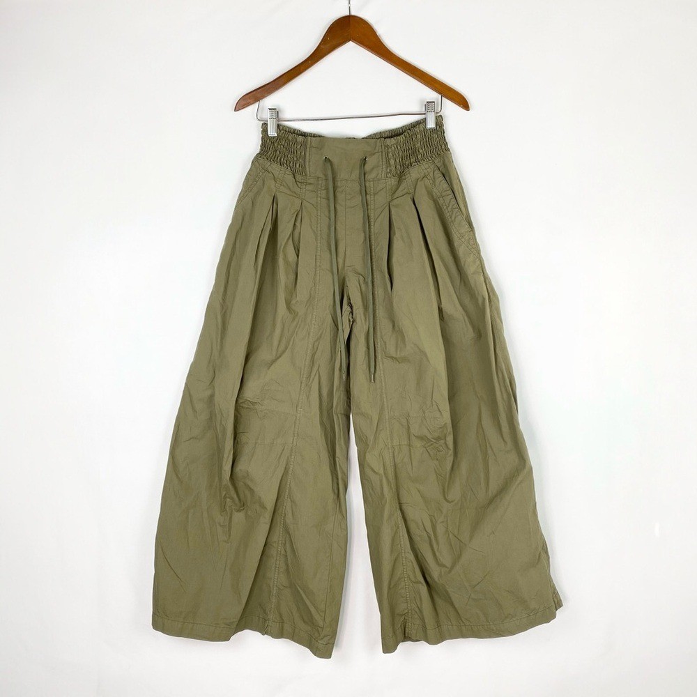 Anthropologie Wide Leg Parachute Pants Patch Pockets Drawstring Size Small Green