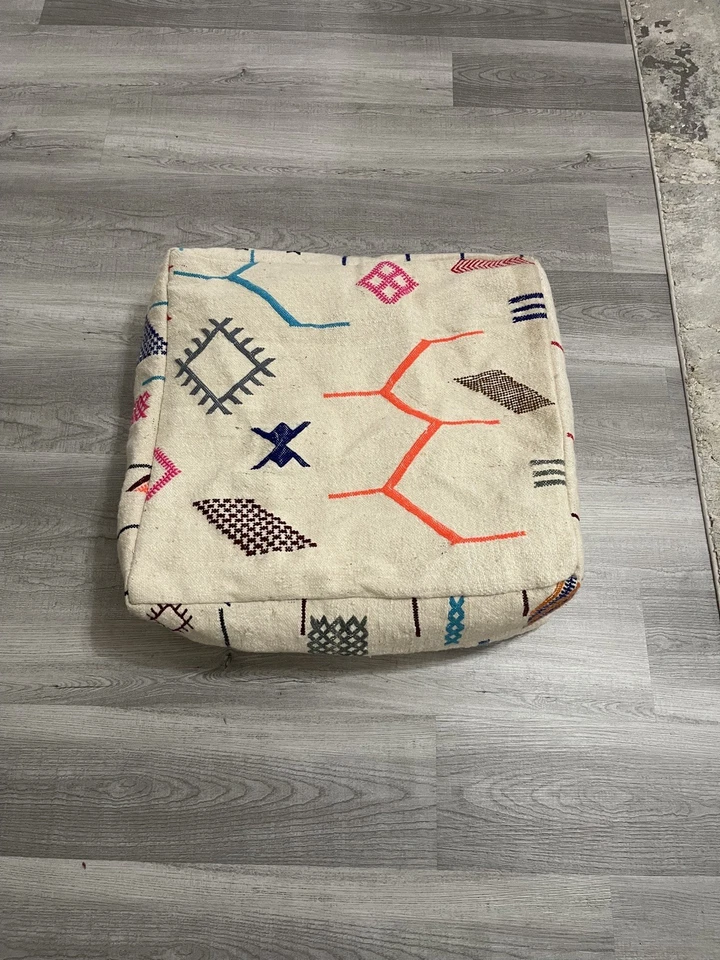 Pufe marroquino feito à mão lã colorida otomano berbere escabelo piso almofada de ioga - Imagem 4 de 4