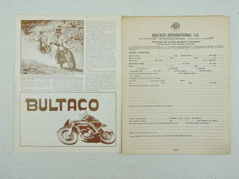Formularios de aplicación para concesionario de motocicletas Bultaco motocross carretera carreras pruebas 924 Foto 3 de 4