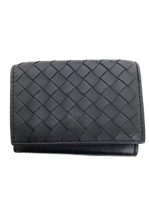 BOTTEGA VENETA Folded Wallet Trifold Leather Black Mens Used