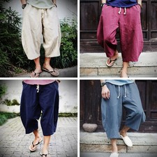 Herren Leinen Baumwolle Harem Crop Kordelzug Hose Lose Tasche Hose Unterteil