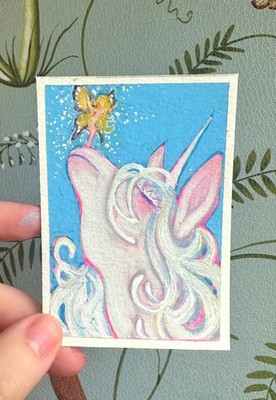 ACEO original unicorn horse butterfly fantasy painting 2.5 in x 3.5 in by ASV