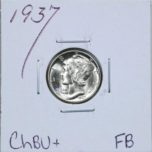 1937 10C Mercury Winged Liberty Silver Dime in Choice BU+ Condition FB #6287