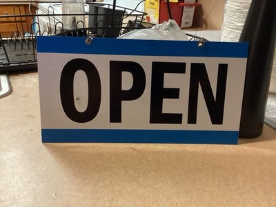 Double-Sided Hanging Open Closed Door Sign w/ Return Clock Blue Plastic