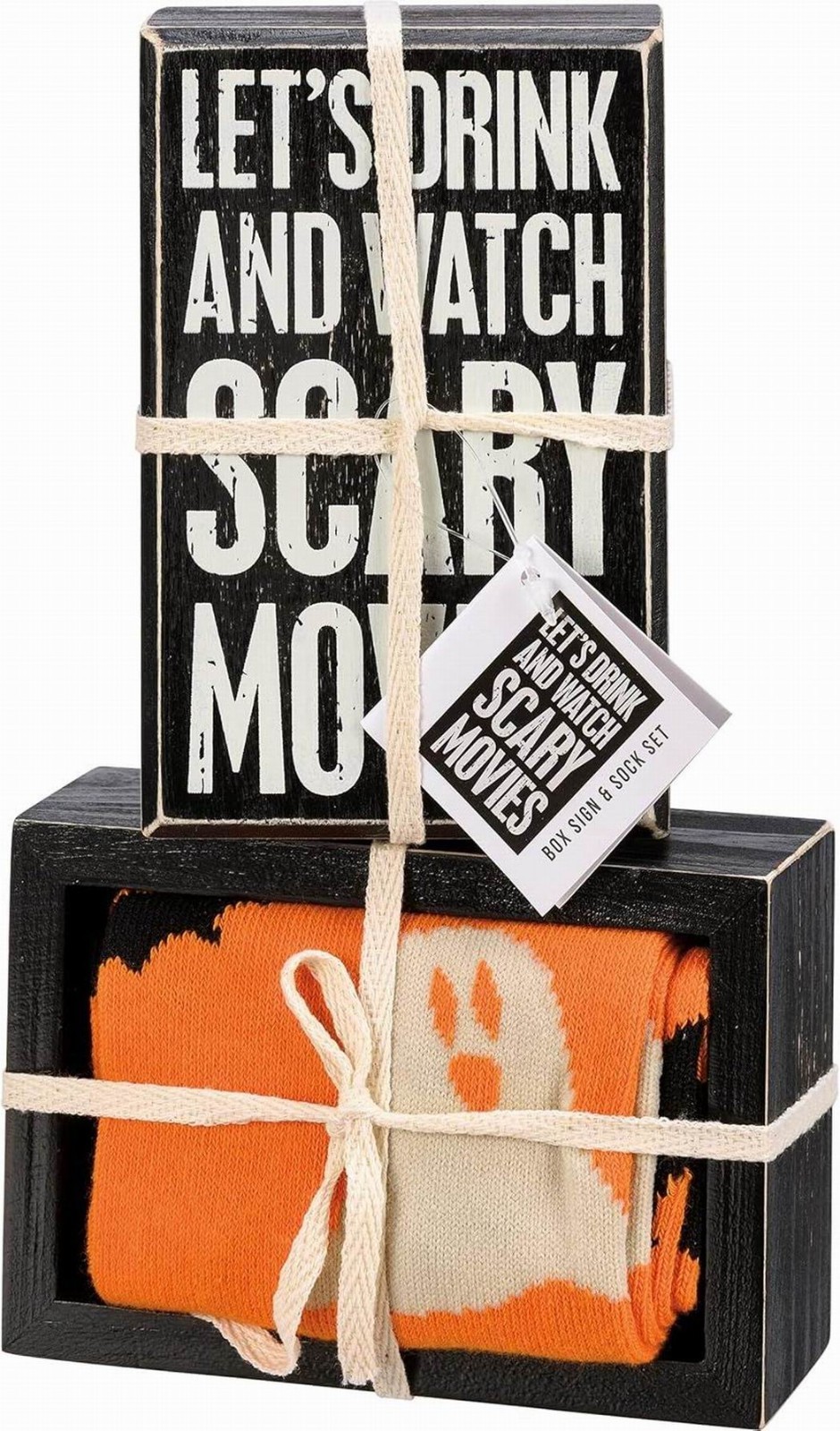 Primitives By Kathy Let's Drink And Watch Scary Movies Box Sign & Socks NEW