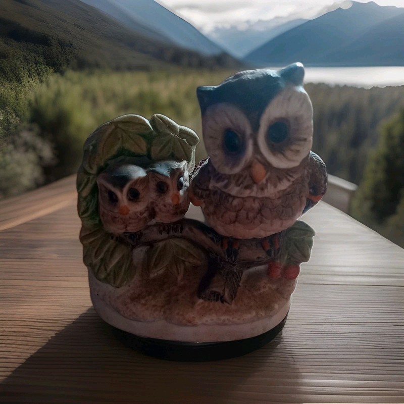 Vintage Homco Porcelain Owl & Owlets on Branch Hand Painted Figurine #1298