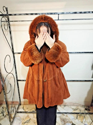 Vintage Modapel Mantel Wildleder braun Kapuze Fuchsfell 40