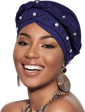 African Women Turban Caps Pre-Tied 1 Pack Twisted Braid: Pearls Navy Blue