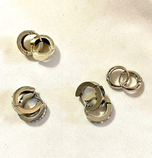 Small Silver Hoop Earrings Huggie Two w/Rhinestones Set of 4