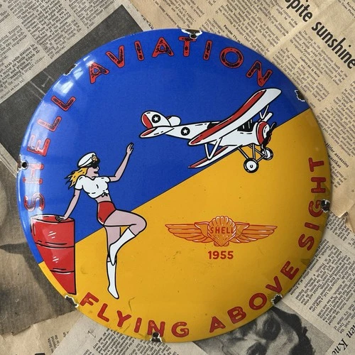 VINTAGE 1955 SHELL AVIATION 12 INCH CONVEX PORCELAIN ENAMEL SIGN