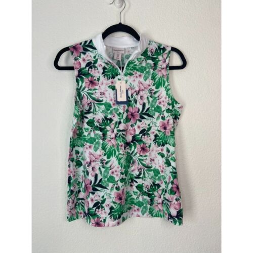 Tommy Bahama Golf women's small pink green floral printed sleeveless polo top