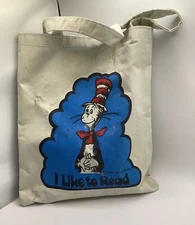 VTG Cat In The Hat Dr Suess I Like To Read Library Book Canvas Tote Bag 1957