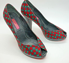 Betsey Johnson Retro Peep Toe Pumps Clovis Black Satin Red Floral Cone Heel 9M