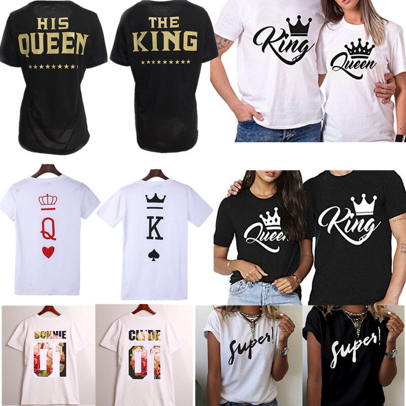 Couple T-Shirt Floral Crown King Queen Love Matching Summer Unisex