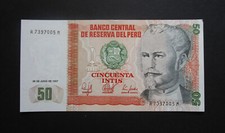 PERU COLLECTABLE 1987 VINTAGE  50 INTIS  NICOLAS DE PIEROLA  GOOD GRADE BANKNOTE