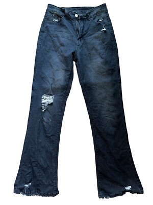 90s Grunge Distressed Black Flare Jeans Womens Small Raw Hem Streetwear
