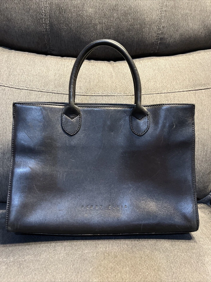 Bolso de mano vintage de cuero negro Perry Ellis Foto 2 de 4