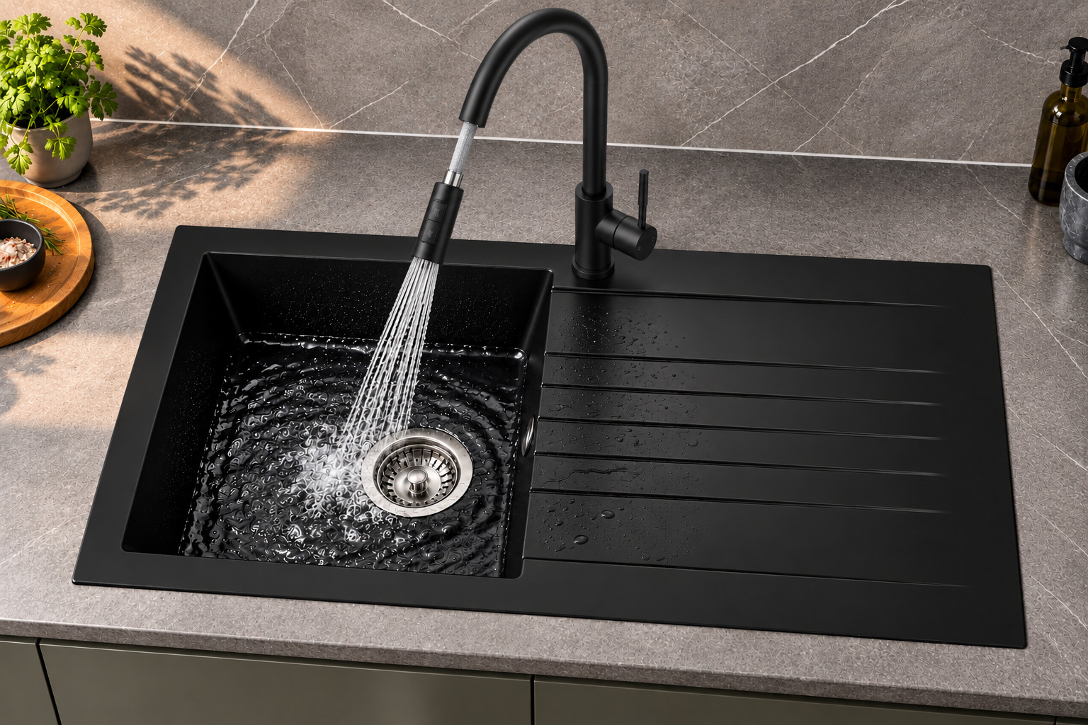 Liquida KAVL860BL 1 Bowl Composite Black Kitchen Sink And CT453MB Black Tap