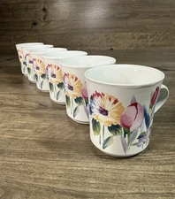 (6) China Pearl Stoneware Flora Collection(Flowers) Coffee/Tea Mugs/Cups (3.5”H)